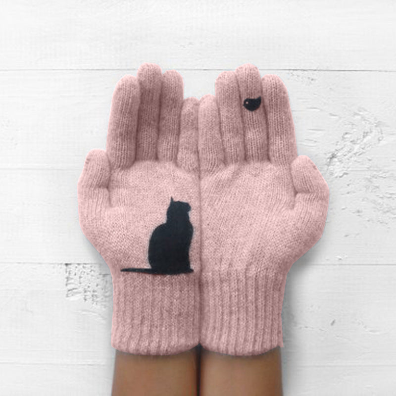 VL Süße, dicke, warme Strickhandschuhe mit geteilten Fingern und Katzenmuster