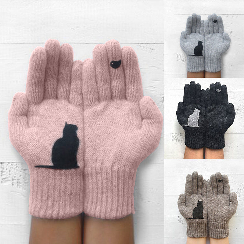VL Süße, dicke, warme Strickhandschuhe mit geteilten Fingern und Katzenmuster