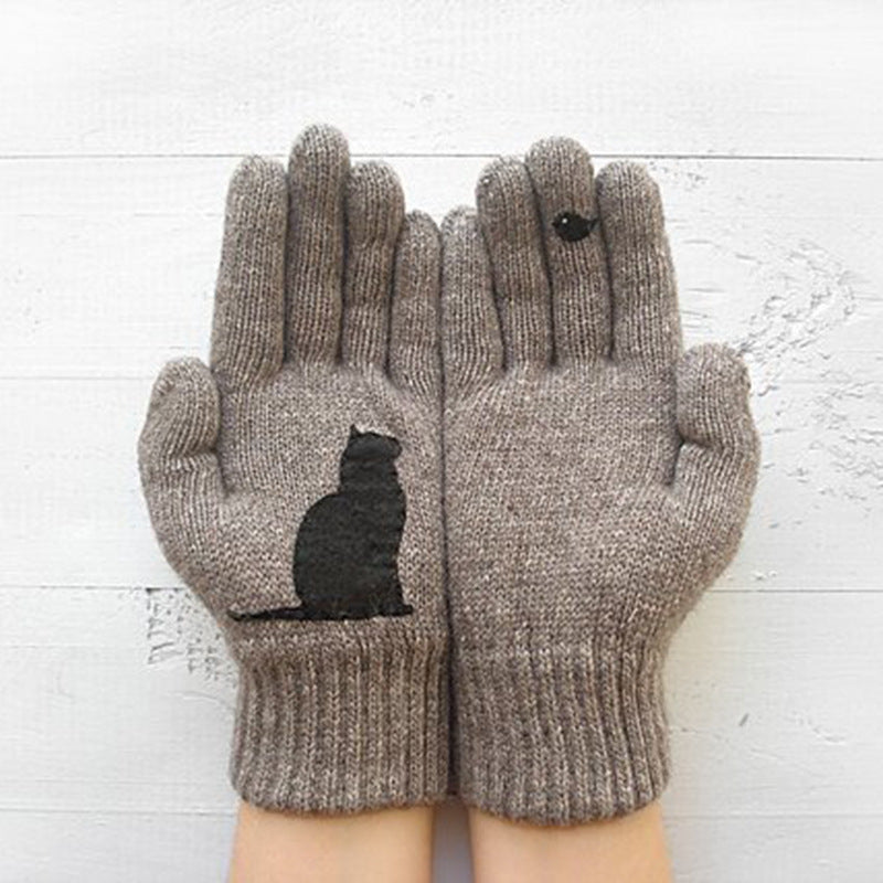 VL Süße, dicke, warme Strickhandschuhe mit geteilten Fingern und Katzenmuster