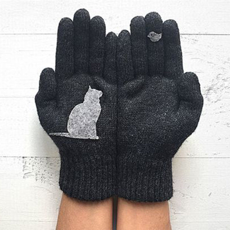 VL Süße, dicke, warme Strickhandschuhe mit geteilten Fingern und Katzenmuster
