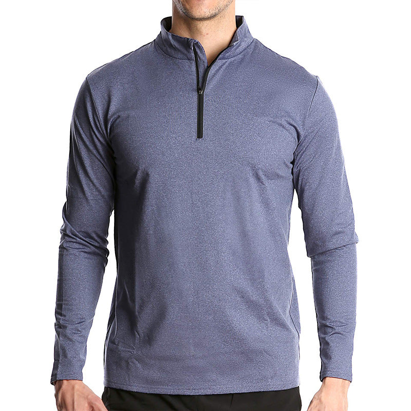 T-shirt de sport à manches longues pour homme, respirant, à séchage rapide, avec demi-fermeture éclair et couleur unie