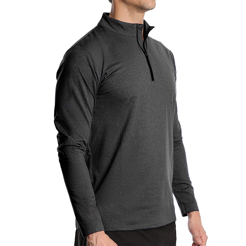 T-shirt de sport à manches longues pour homme, respirant, à séchage rapide, avec demi-fermeture éclair et couleur unie