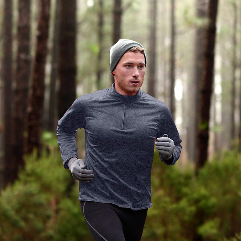 T-shirt de sport à manches longues pour homme, respirant, à séchage rapide, avec demi-fermeture éclair et couleur unie