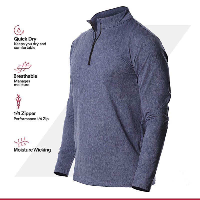 T-shirt de sport à manches longues pour homme, respirant, à séchage rapide, avec demi-fermeture éclair et couleur unie