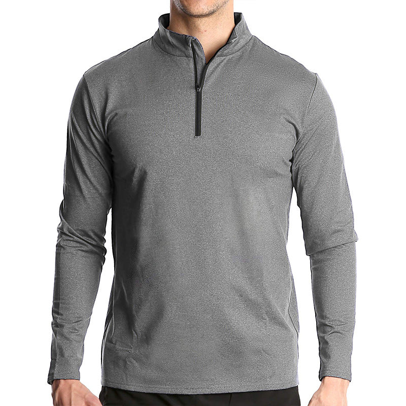 T-shirt de sport à manches longues pour homme, respirant, à séchage rapide, avec demi-fermeture éclair et couleur unie