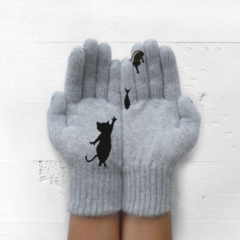 VL Süße, dicke, warme Strickhandschuhe mit geteilten Fingern und Katzenmuster