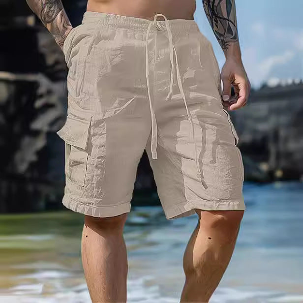 Solid color drawstring cotton and linen loose casual pants beach shorts