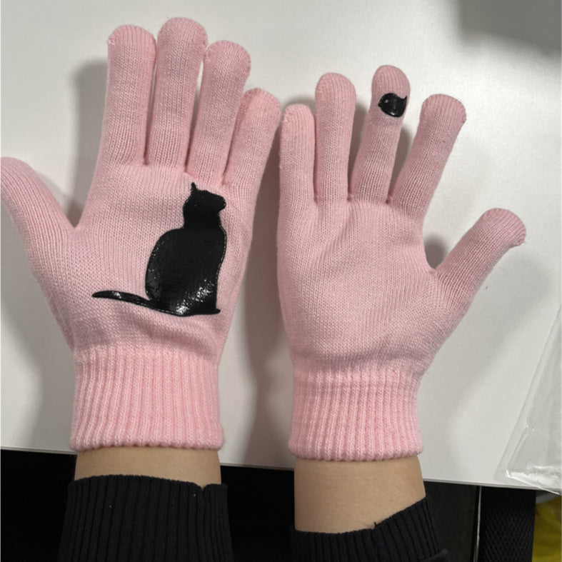 VL Süße, dicke, warme Strickhandschuhe mit geteilten Fingern und Katzenmuster