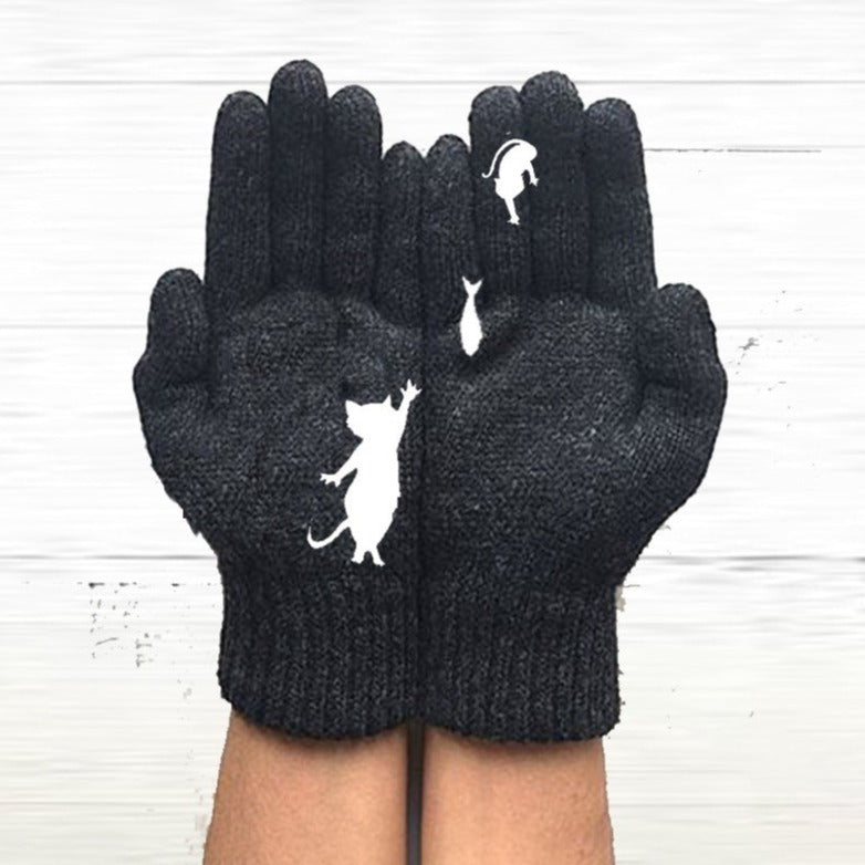 VL Süße, dicke, warme Strickhandschuhe mit geteilten Fingern und Katzenmuster