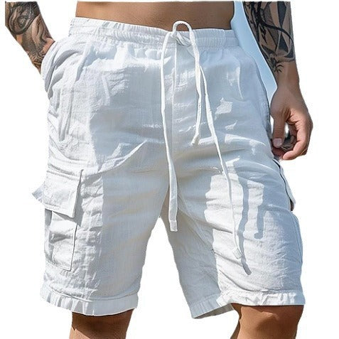 Solid color drawstring cotton and linen loose casual pants beach shorts