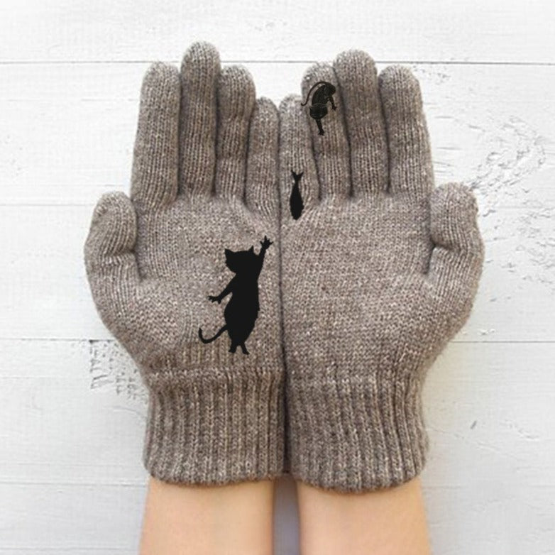 VL Süße, dicke, warme Strickhandschuhe mit geteilten Fingern und Katzenmuster