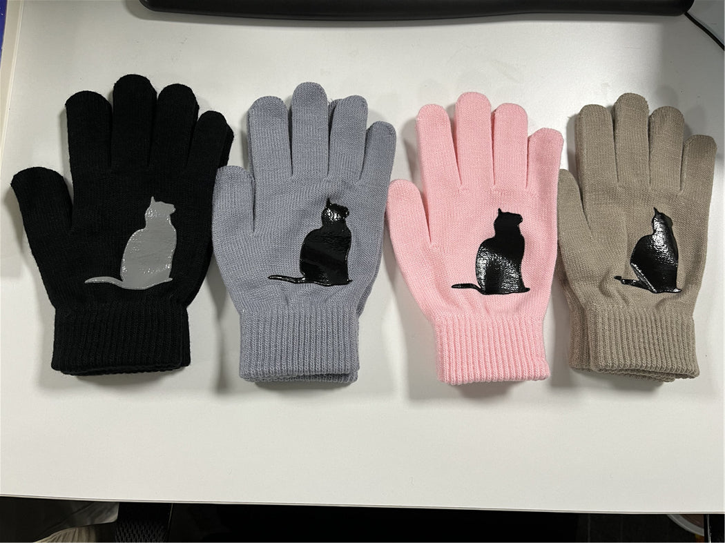 VL Süße, dicke, warme Strickhandschuhe mit geteilten Fingern und Katzenmuster