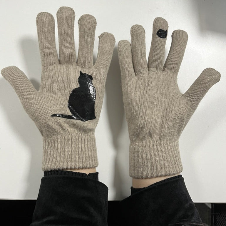 VL Süße, dicke, warme Strickhandschuhe mit geteilten Fingern und Katzenmuster