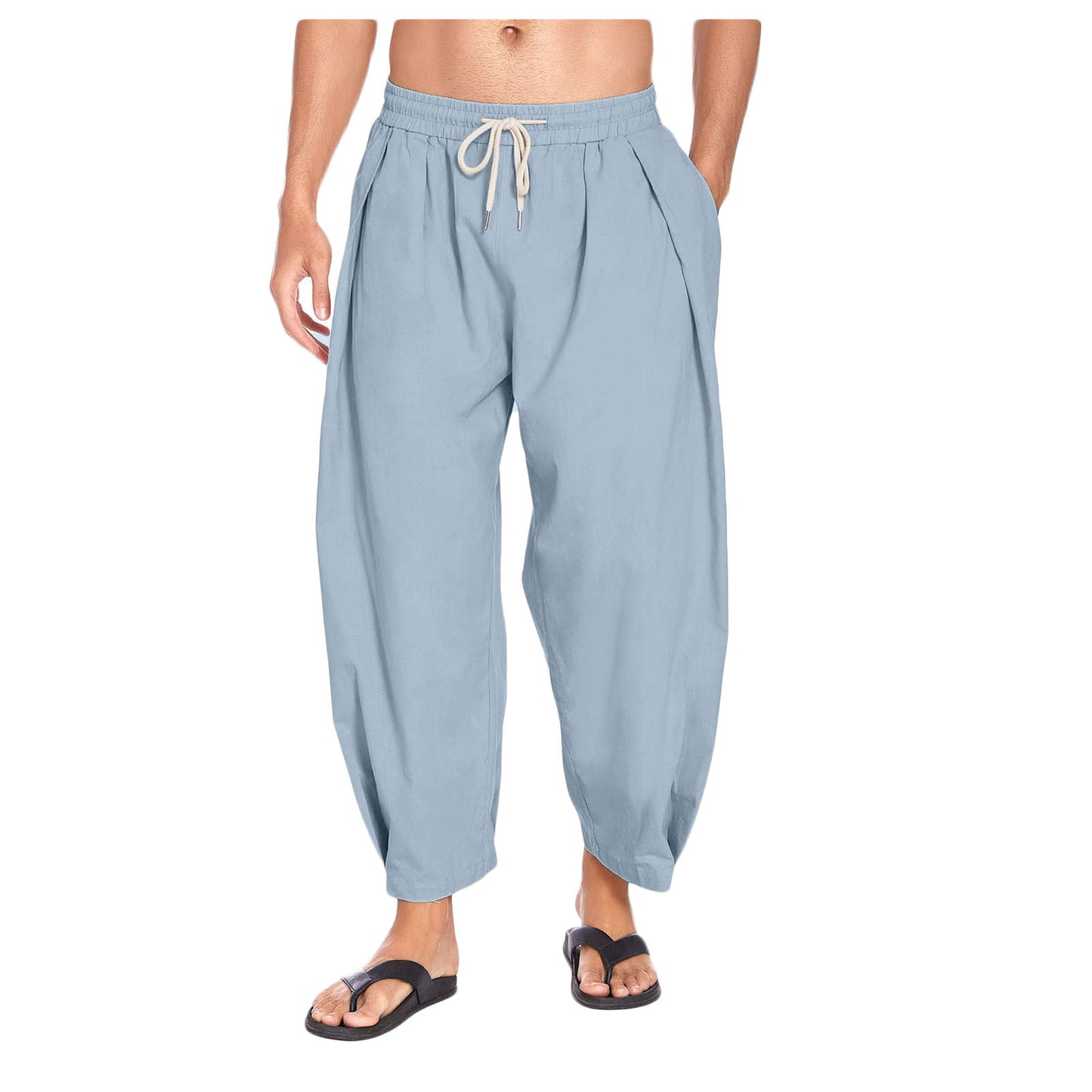 Men's cotton and linen harem pants, drawstring casual cropped pants, light and loose, beach yoga pants