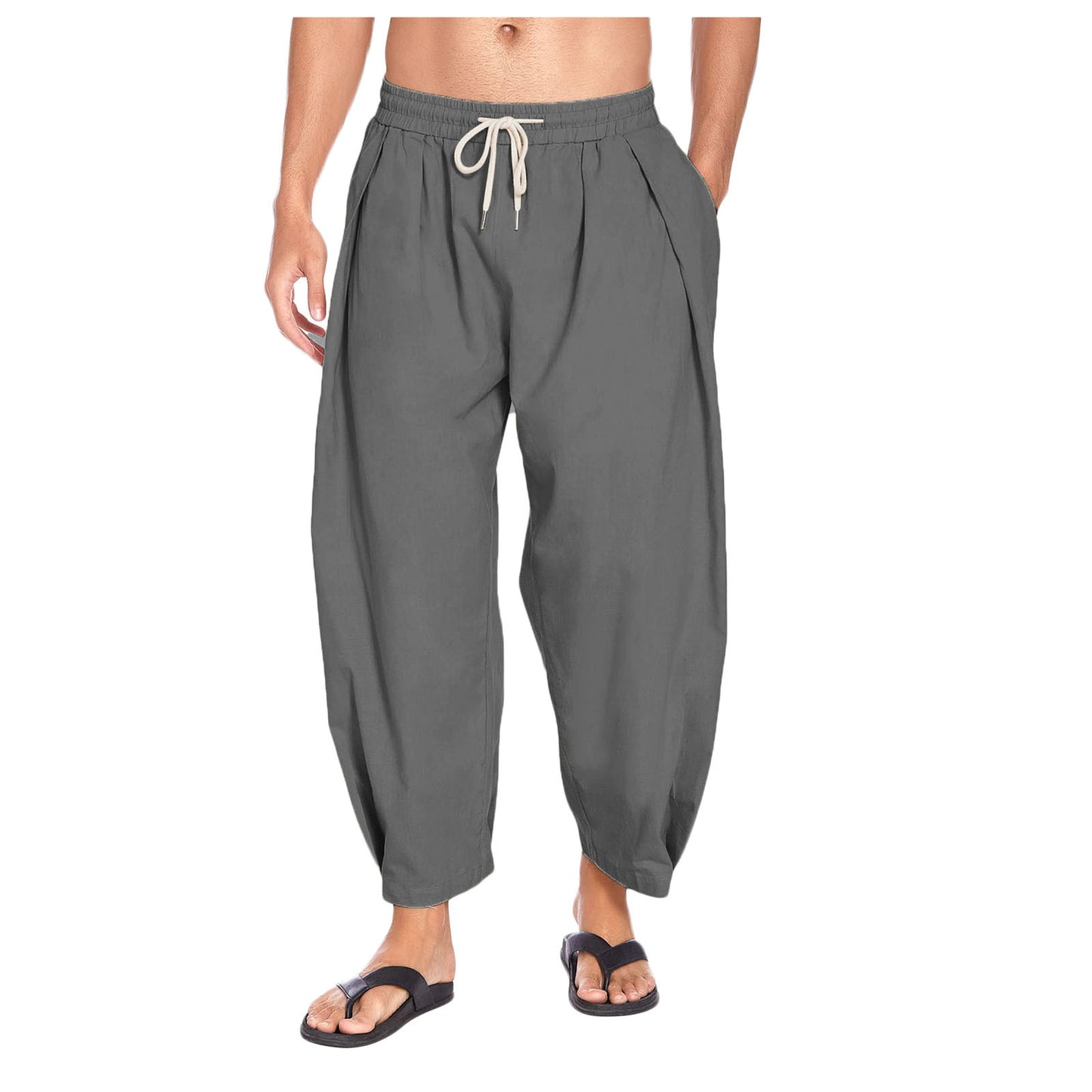 Men's cotton and linen harem pants, drawstring casual cropped pants, light and loose, beach yoga pants