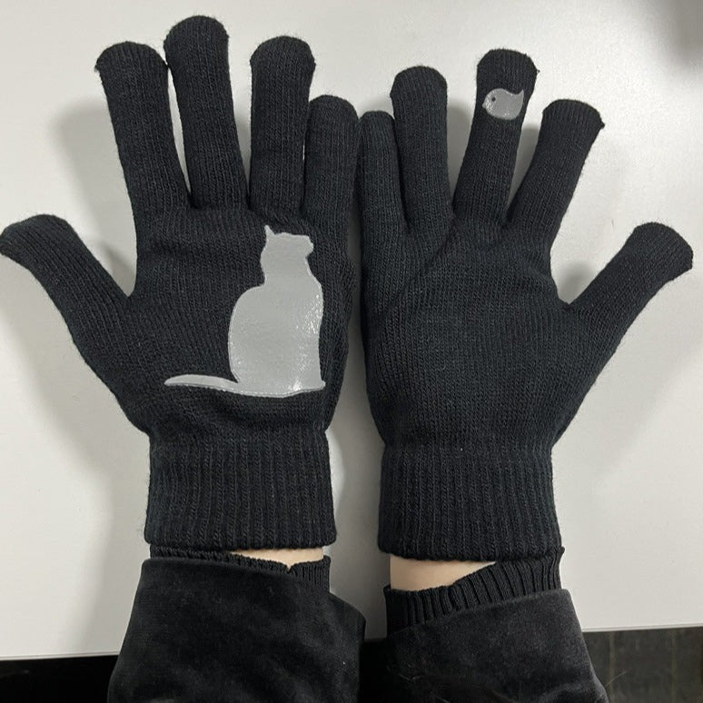 VL Süße, dicke, warme Strickhandschuhe mit geteilten Fingern und Katzenmuster