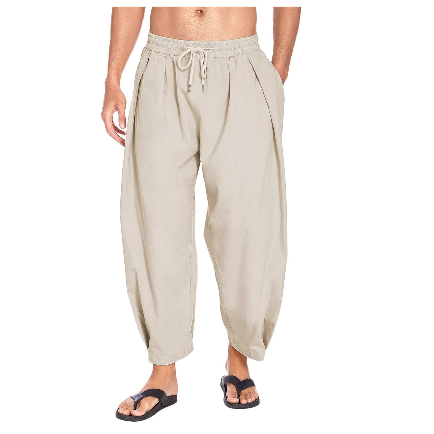 Men's cotton and linen harem pants, drawstring casual cropped pants, light and loose, beach yoga pants
