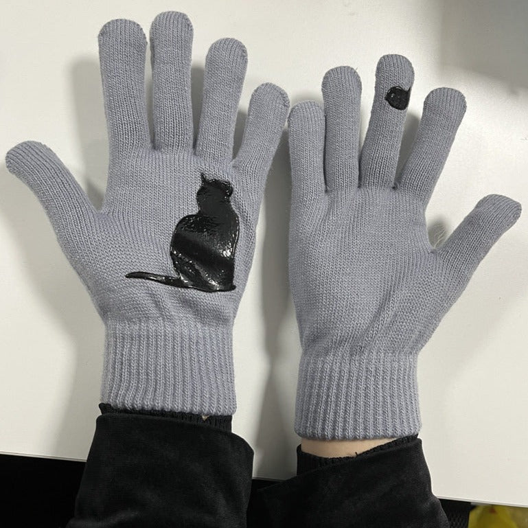 VL Süße, dicke, warme Strickhandschuhe mit geteilten Fingern und Katzenmuster