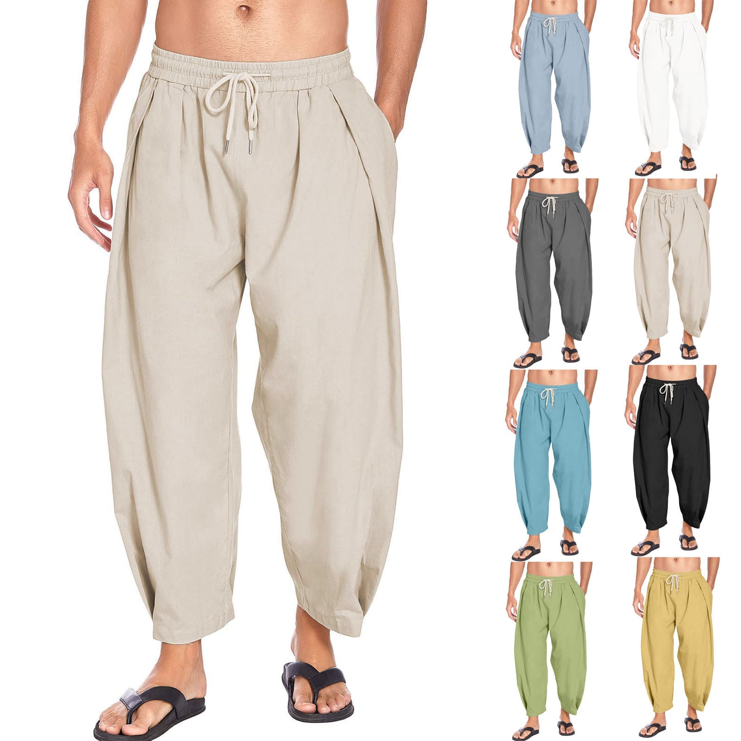 Men's cotton and linen harem pants, drawstring casual cropped pants, light and loose, beach yoga pants