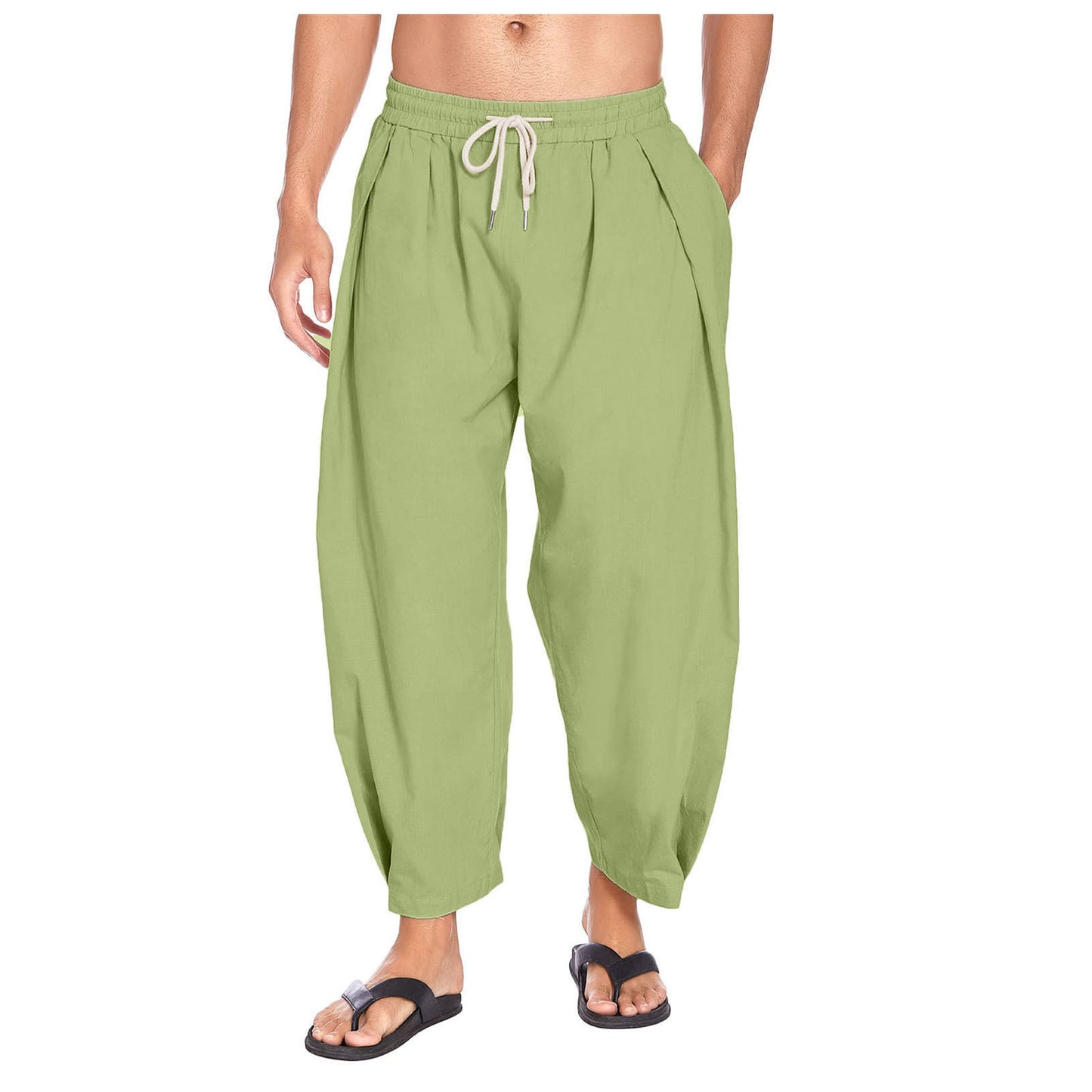 Men's cotton and linen harem pants, drawstring casual cropped pants, light and loose, beach yoga pants