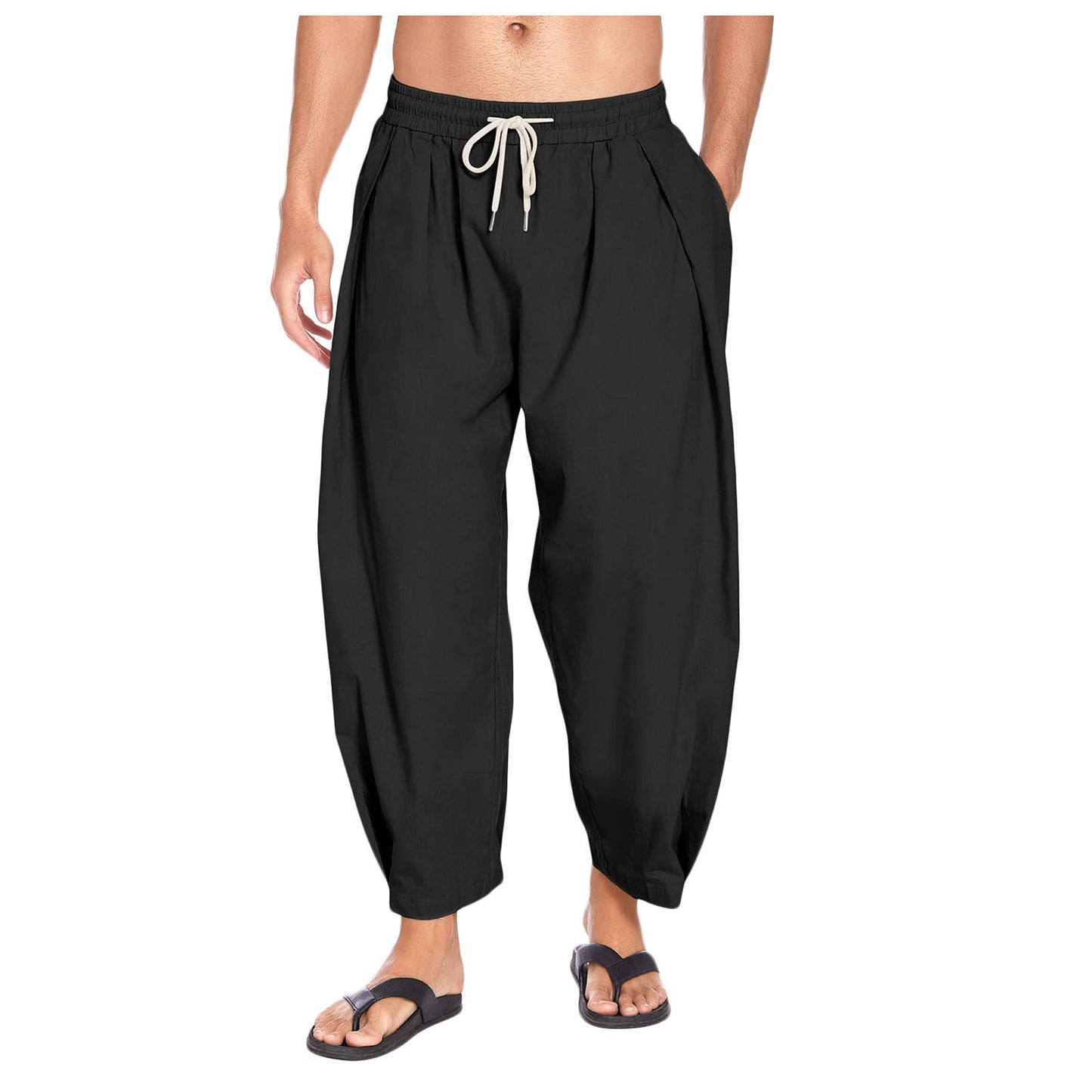 Men's cotton and linen harem pants, drawstring casual cropped pants, light and loose, beach yoga pants