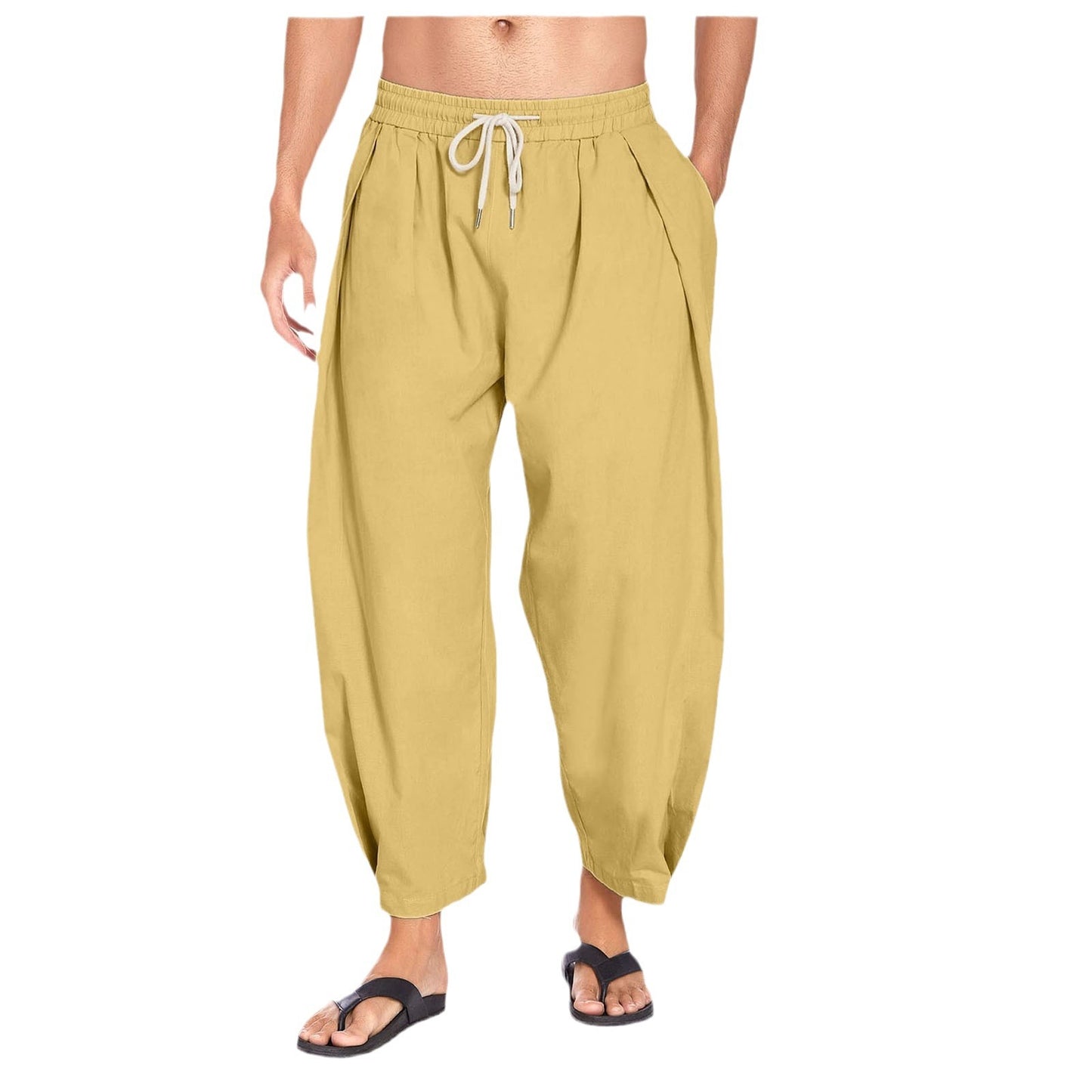 Men's cotton and linen harem pants, drawstring casual cropped pants, light and loose, beach yoga pants