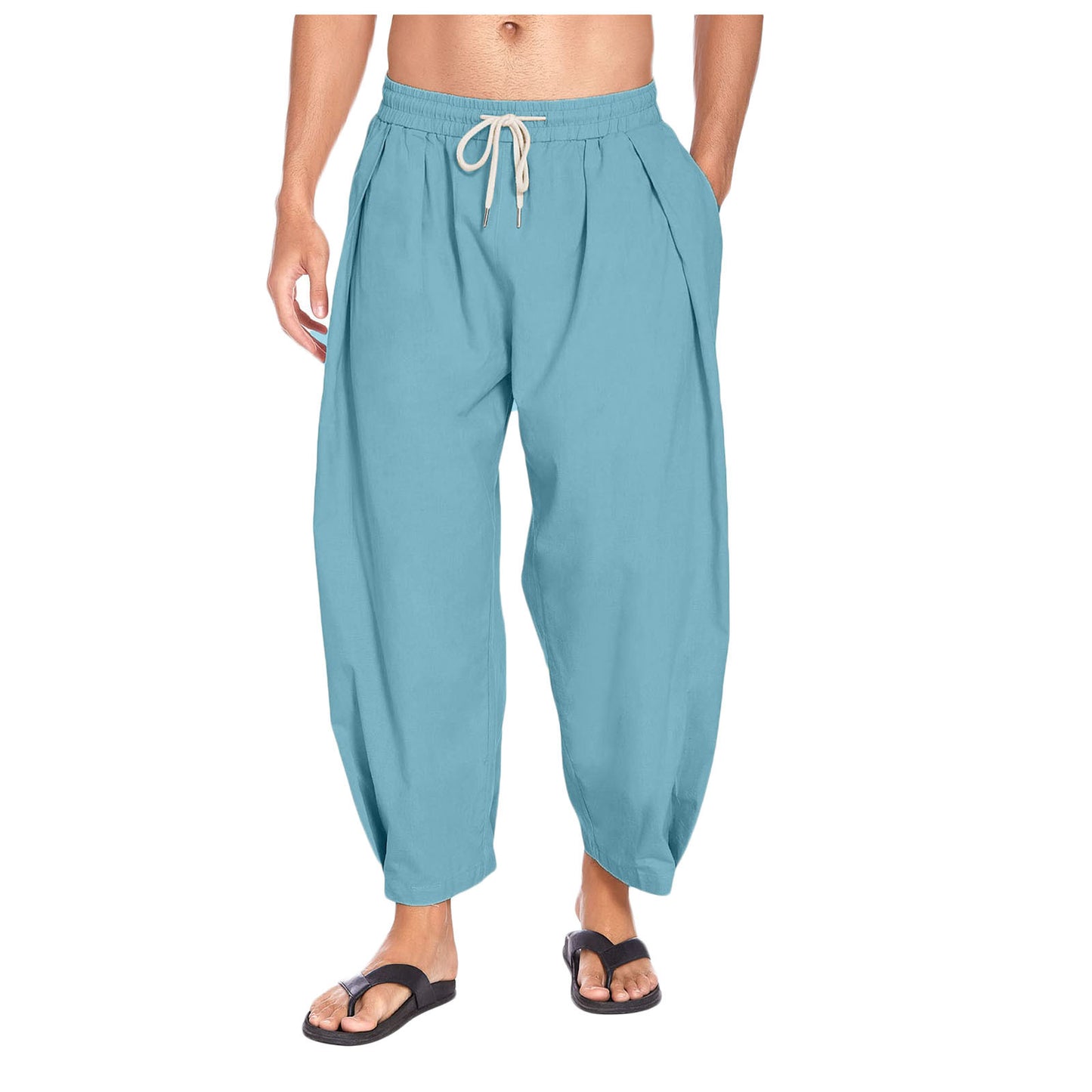 Men's cotton and linen harem pants, drawstring casual cropped pants, light and loose, beach yoga pants