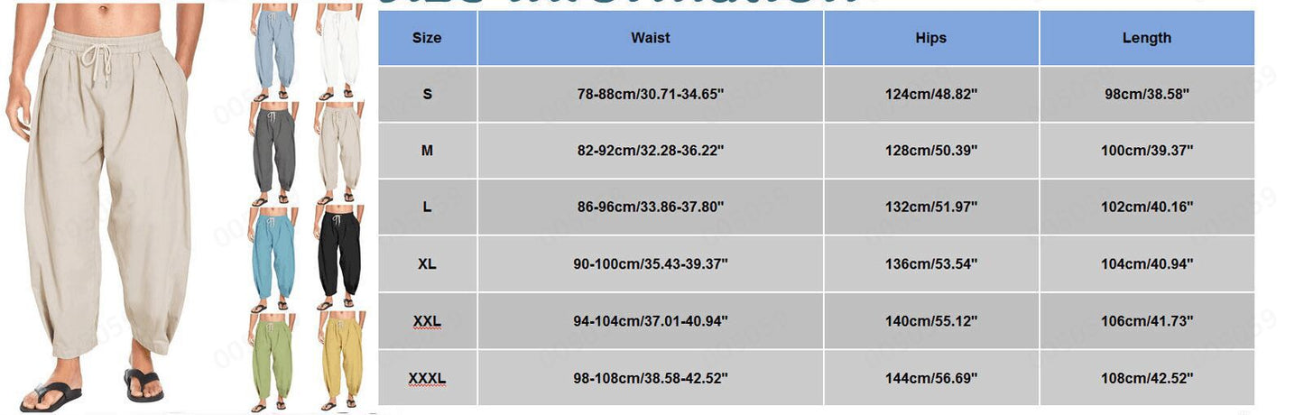 Men's cotton and linen harem pants, drawstring casual cropped pants, light and loose, beach yoga pants