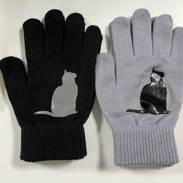 VL Süße, dicke, warme Strickhandschuhe mit geteilten Fingern und Katzenmuster