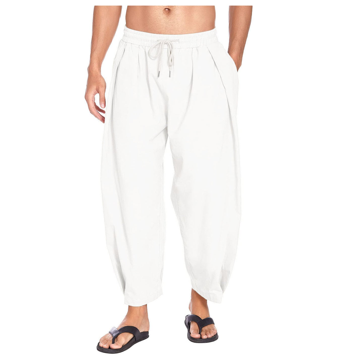 Men's cotton and linen harem pants, drawstring casual cropped pants, light and loose, beach yoga pants