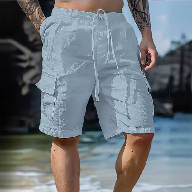 Solid color drawstring cotton and linen loose casual pants beach shorts