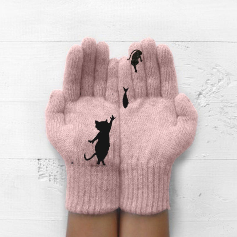 VL Süße, dicke, warme Strickhandschuhe mit geteilten Fingern und Katzenmuster