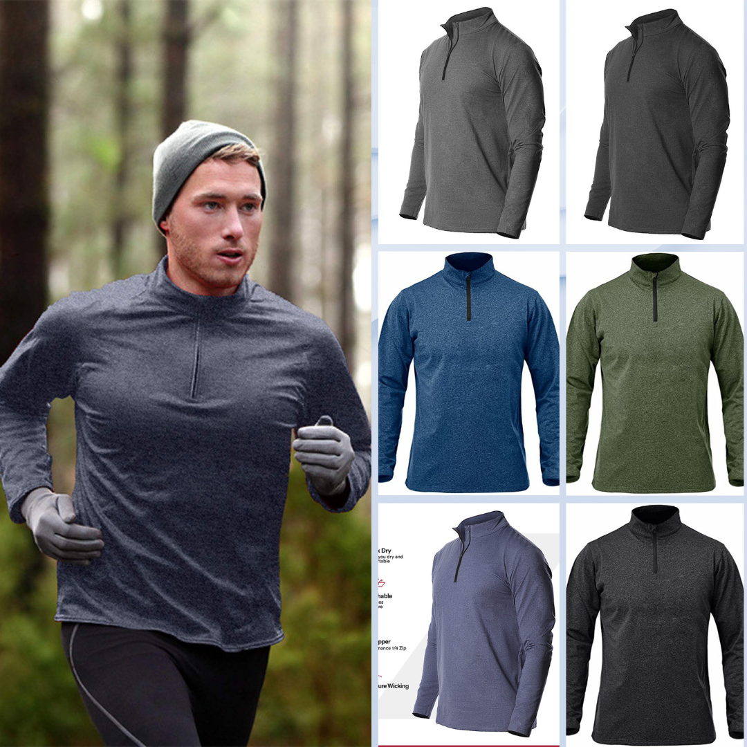 T-shirt de sport à manches longues pour homme, respirant, à séchage rapide, avec demi-fermeture éclair et couleur unie