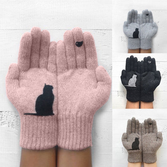 VL Cute Cat Print Knitted Thickened Warm Split Finger Gloves