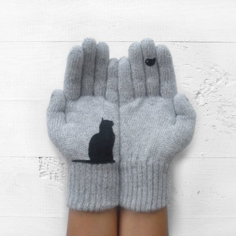 VL Cute Cat Print Knitted Thickened Warm Split Finger Gloves