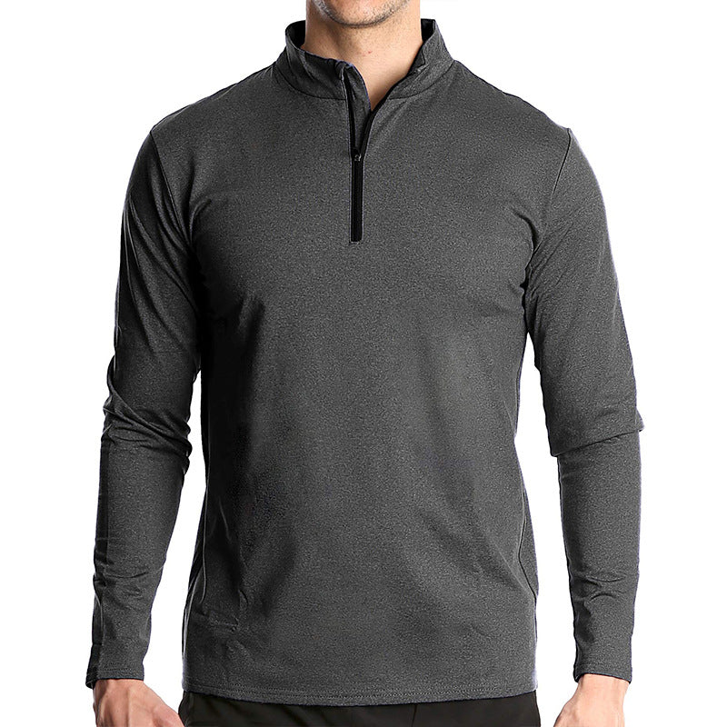 T-shirt de sport à manches longues pour homme, respirant, à séchage rapide, avec demi-fermeture éclair et couleur unie 