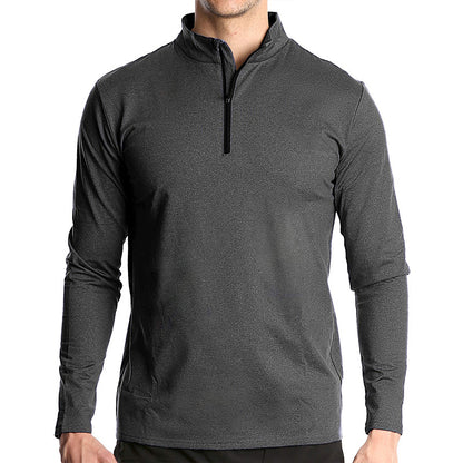 T-shirt de sport à manches longues pour homme, respirant, à séchage rapide, avec demi-fermeture éclair et couleur unie 