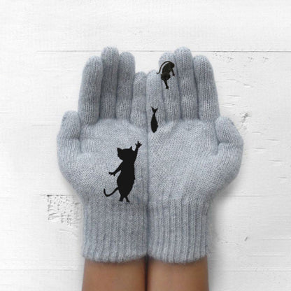 VL Cute Cat Print Knitted Thickened Warm Split Finger Gloves