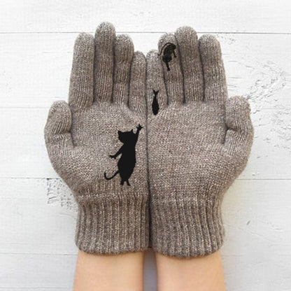 VL Cute Cat Print Knitted Thickened Warm Split Finger Gloves